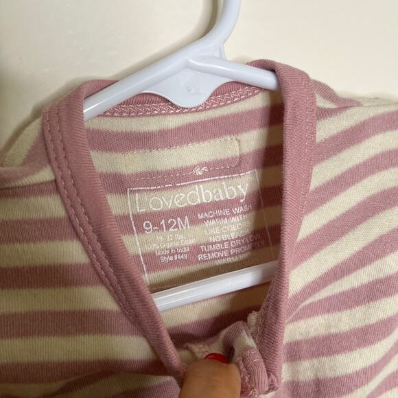 L'oved Baby Striped Romper 100% Organic Cotton Pocket Sleeveless 9-12M Pink - Picture 3 of 3